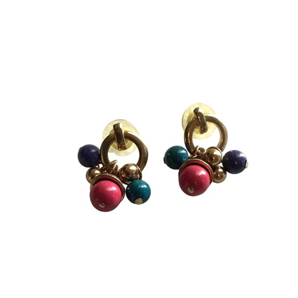 WOMENS GOLD TONE GREEN/BLUE/RED STONE DANGLE EARRINGS - Picture 2 of 4